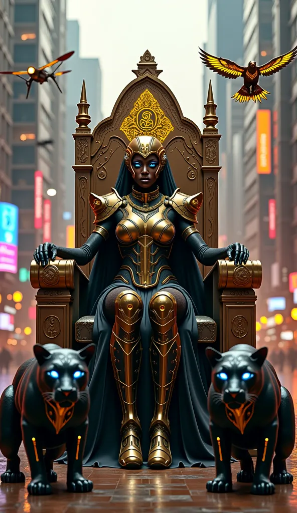 "A powerful Black Queen sits on an ornate cyberpunk throne, radiating authority and wisdom in the heart of a futuristic African metropolis. She is adorned in a fusion of traditional African attire and advanced cybernetic armor, featuring glowing tribal eng...