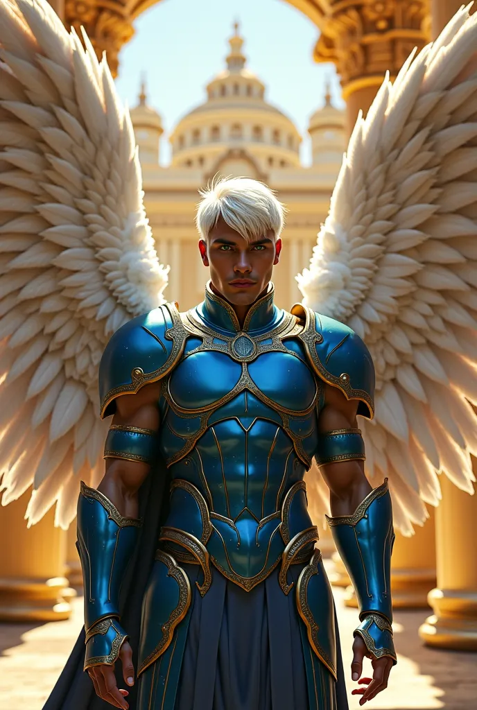  Masterpiece , top quality ,full body photo , 1 man, with dark skin, Huge wings full of feathers , green eyes, blue armor, scenario from the fantasy Celestial City , Short white hair, In the background you are standing in a golden heavenly palace courtyard