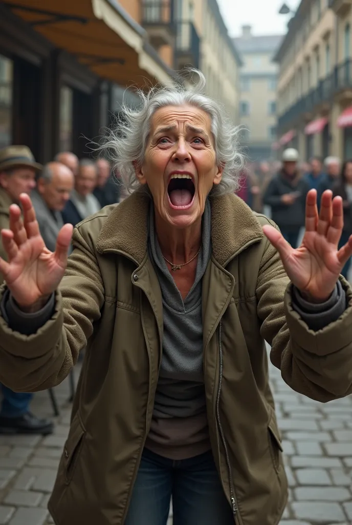 woman 65+ Of European appearance, she has been screaming and waving her hands for years, and people are sitting at the table in the back of her laughing 