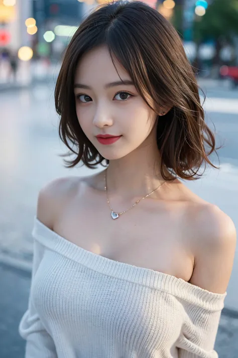 Best Quality, masterpiece, 超High Resolution, (realistic:1.5), RAW photo, 1 girl, Off Shoulder(Best Quality、8k、32K、masterpiece、:1.2)、cute日本人女性の写真、big, plump breasts、bob hair、Surface Focus、Extra Large_ sweater 、necklaces、from above、  watching viewers 、lookin...