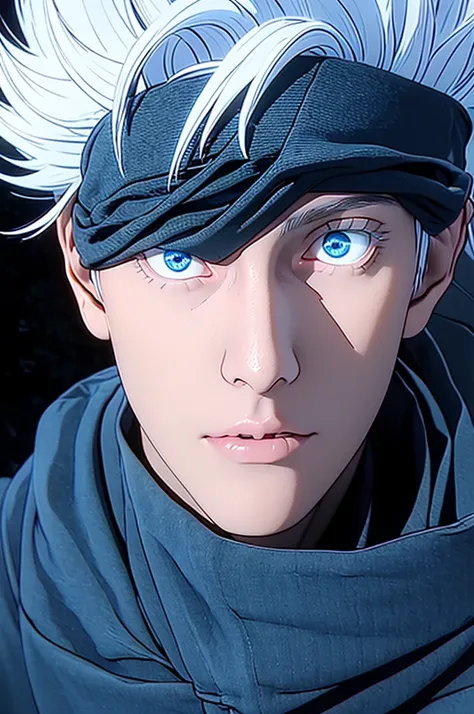 (masterpiece, best quality, ultra detailed, intricate details:1.2), (8k, 4k, beautiful detailed background, beautiful detailed eyes, perfect face, nose, eyelashes) gojou satoru, 1boy, male focus, solo, full body, blue eyes, blindfold, white hair, night, on...