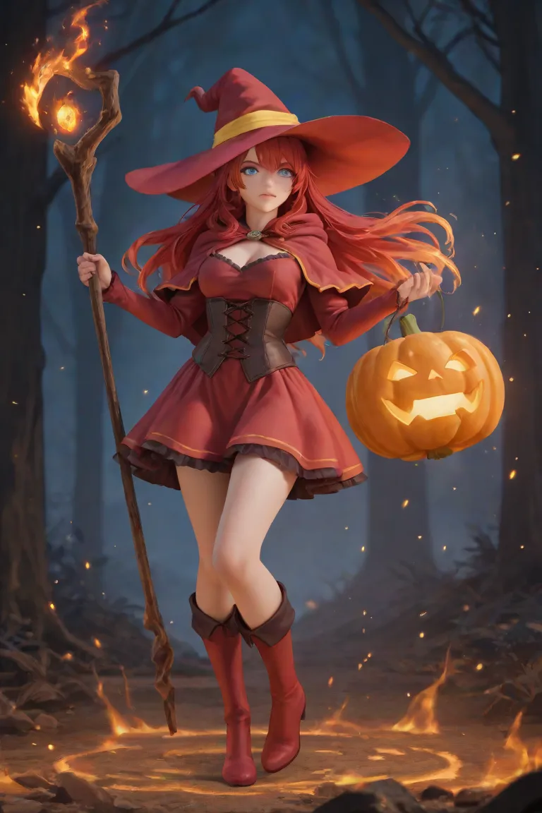 A realistic fantasy character, appearing as a real person with long, flowing red hair and blue eyes, dressed in a detailed witch outfit (a red witch hat with a yellow band, a red dress with a corset, and red boots) is casting spells. The character is in an...