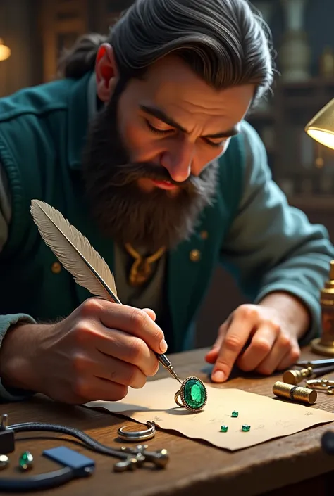 a men drawing an emerald ring with a quill pen with tools and gems on the table