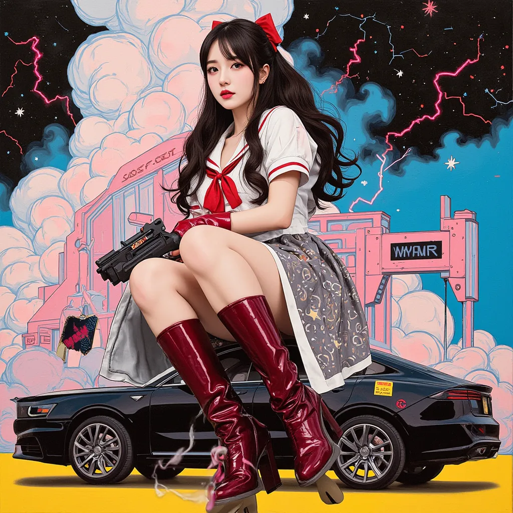 echno pop pop pop pop techno pop pop pop pop red electric car、Pen drawing, beautiful woman in sailor suit、、2000s Ultra Realistic Illustration、Holding a Hand Blaster、 Korean、long hair、 Cloud and Star Fashion 、wearing a spacesuit Avant-garde painting,, Japan...