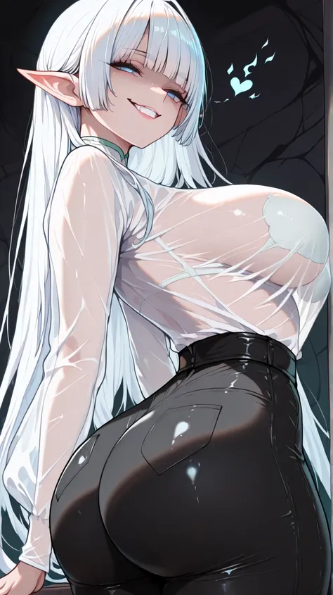 ((best quality)), ((masterpiece)), (detailed), 1girl, elf, blunt bangs, white hair, long white hair, deep blue eyes, flawless eyes, perfect eyes, large natural sized breasts, curvaceous, ((evil grin)), sheer see-through white long sleeve shirt, skin tight ...