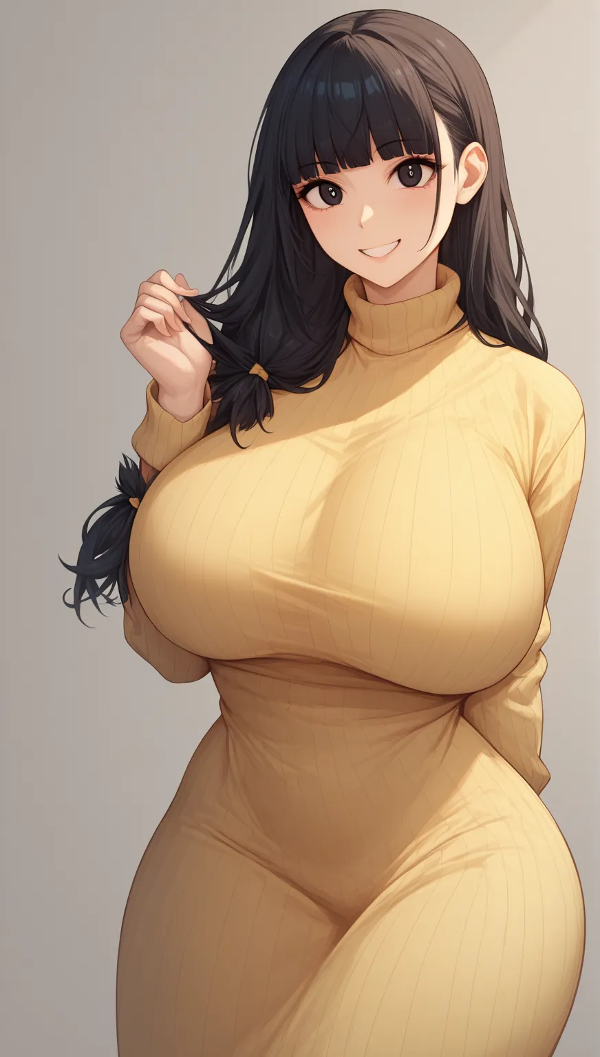 mixed_Art Style , (detailed eyes), (mature woman),  pretty woman,  huge breasts, (black hair tied behind),  side fringe, ( yellow sweater-dress shirt, calcinha fio dental insinuante ),   black eyes , ultrarealista, huge body, cute smile