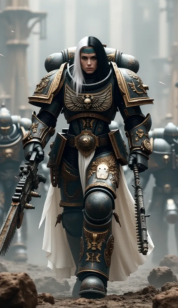 Warhammer 40k Sister of Battle, youg woman walking solo to the viewer on a battle from w40k lore and wearing a Set of Sisters of Battle Armor with a white long skirt behind. (The character has long two toned black and white hair). The character wields a du...