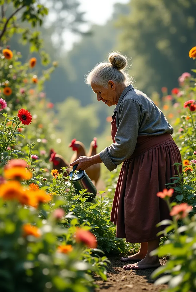 An old woman watering her garden full of leafy flowers . There are hens walking around and feeding on insects.  full hd