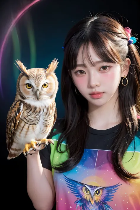 a painting of a girl with a colorful owl on a black background,, breathtaking rendering, within a radiant connection, inspired by Kinuko Y. Craft,, magical elements, kitten icon, wow, is beautiful, casting a multi colorful spell, bright flash, flash  