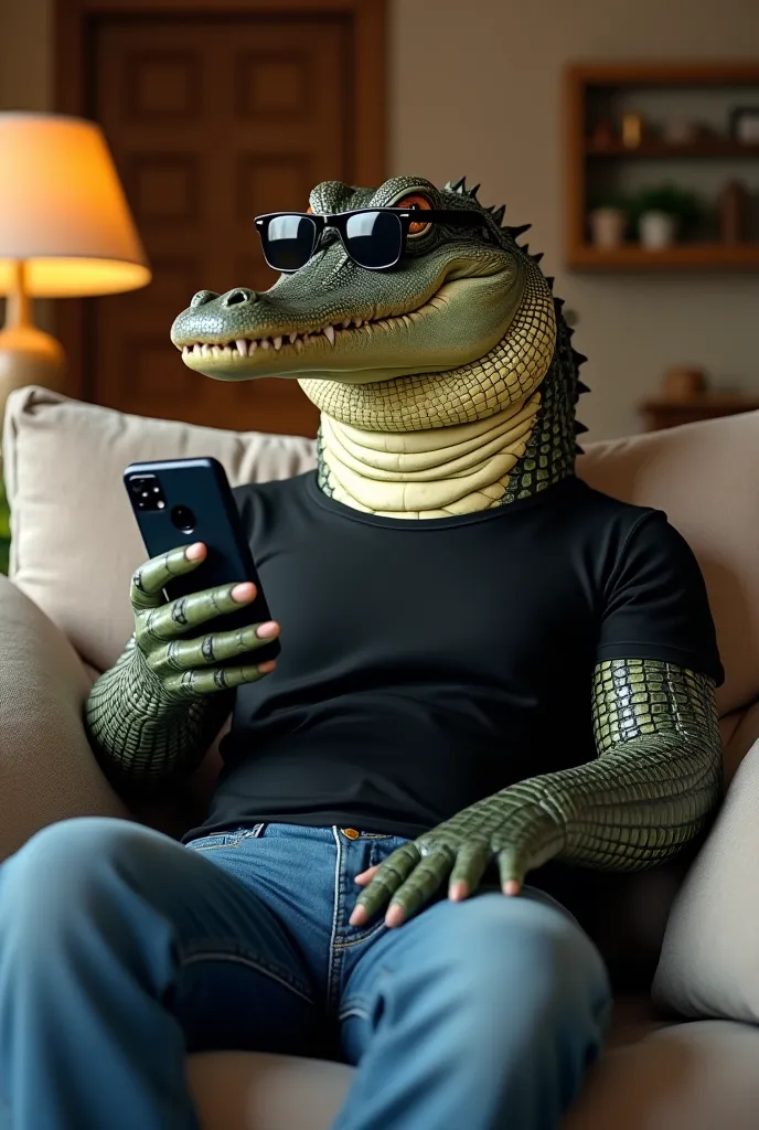 A realistic alligator sitting on a cozy sofa, wearing a black T-shirt, blue jeans, and stylish sunglasses. The alligator is holding a smartphone in one hand, appearing engaged in a chat conversation. The scene is illuminated with soft natural lighting, cas...