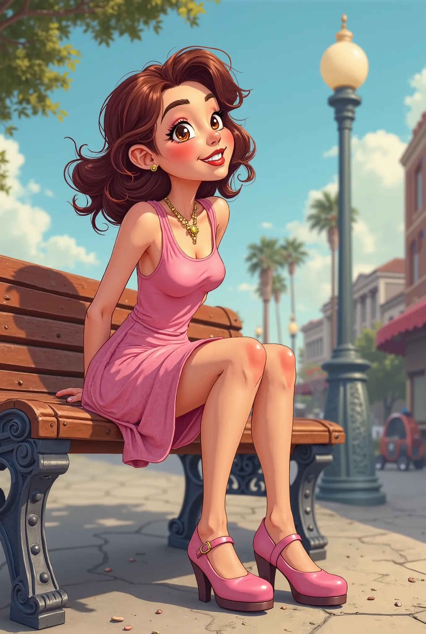 Tip: A very lovely  beautiful Asian American woman being happy alone on a bench in Downtown San Diego in the sun… The illustration is a high definition illustration with 4k resolution., with highly detailed facial features and cartoon style visuals, pink k...