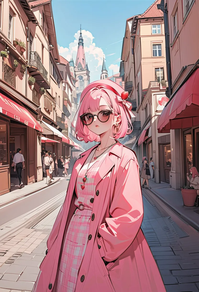 The Image Shows A Person Wearing A Stylish Outfit Predominantly In Shades Of Pink. They Are Dressed In A Pink Beret With A Strawberry Detail On It, A Matching Red Jacket, And A Pink Plaid Dress With Buttons Down The Front. Additionally, The Person Is Weari...