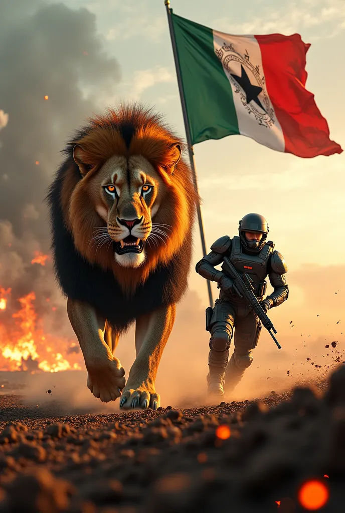 A highly detailed and cinematic depiction of a futuristic battlefield. A massive, muscular lion with a majestic mane, its glowing eyes burning with fury, strides beside a heavily armored soldier. The lion's powerful frame moves with the grace of a predator...