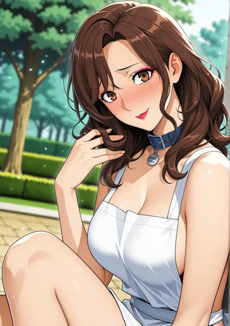 (official style:1.1), screen cap, blurry background
1 girl, mature woman、Long、small head、medium breasts, (Dog collar XL:1.1), bow, brown hair, brown eyes, double eyelids、long eyelashes、makeup、naked, apron,  Wavy Hair, lipstick, embarrassed face, Dutch angl...