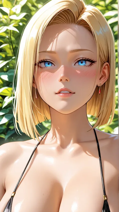 Android18,micro bikini,blush,glare at,