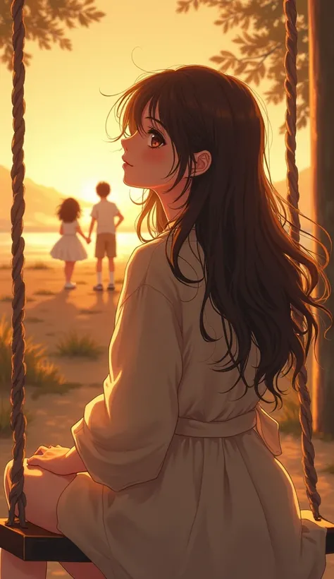 A beautifully nostalgic anime-style illustration of a 22-year-old woman sitting on a swing in an old playground during a golden sunset. Her long, wavy brown hair sways slightly in the breeze, and she gazes into the distance with a wistful expression. In th...