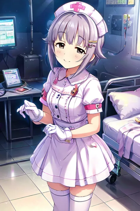 1 girl, alone, koshimizu sachiko ,hair_ intakes , hair_ornament, hairclip, grey_hair,short_hair,
、 closed my mouth、Nurse, Nurse cap,  white clothes, white legwear, absolute area, white gloves,  white clothes、8Ｋ images、standing, Hospital room,  sharp, Short...