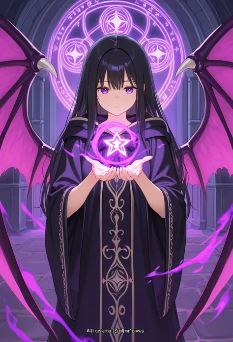 Masterpiece (quality), 1girl, black hair, purple eyes, black magical robe with purple details, purple magic wings, holding up her hand to cast spell bind where there is a glowing star symbol on it. magical tavern in background
