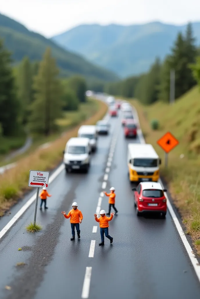 "Tiny figures of happy road users driving on the newly paved road, showing their satisfaction and appreciation for the completed work. The tiny cars, trucks, and buses move smoothly on the freshly asphalted road. Some tiny pedestrians are walking alongside...