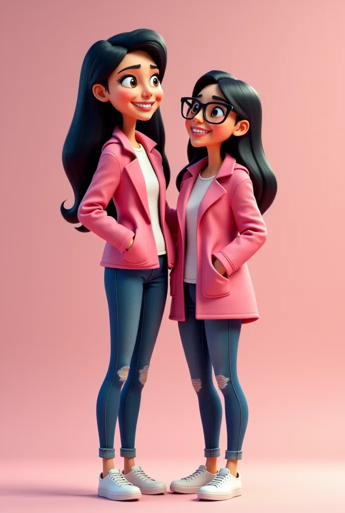 In Pixar style, it's me and my friend, a tall thin woman with lenses and long black hair, , wearing a pink jacket, denim pants and white sneakers, I'm a little slender and the other one is short, chubby with glasses and also has a pink coat and we're happy...