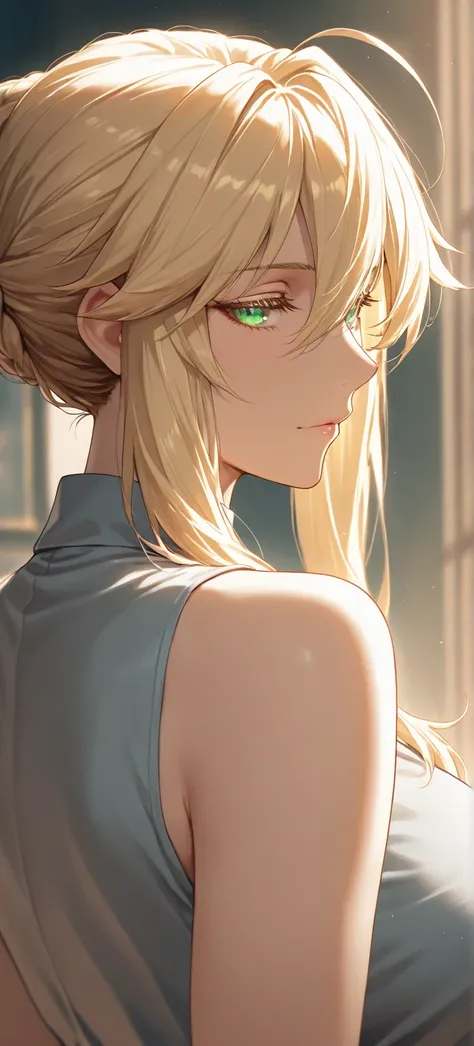 Masterpiece, very aesthetic, vibrant, high contrast, high resolution, ultra detailed, mature woman, artoria Pendragon (lancer), casual Sleeveless clothes, housewife, portrait, soft light, best quality, newest, castlevania: nocturne animes style, 