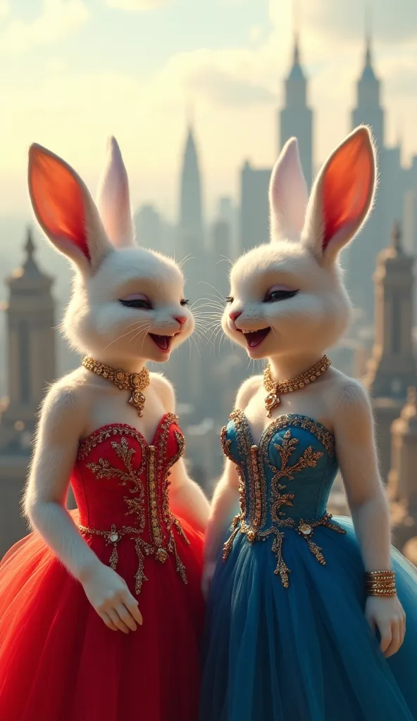 two small rich white rabbit girls, one red color dress and one blue color drees , Expensive jewelry on their body, theyy are laugh . Luxurious city view behind. they are looking  the front , image take fare away ,body color white