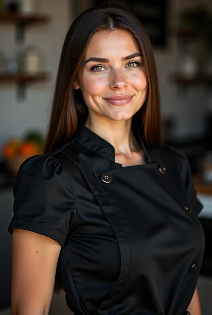 Straight-haired woman in black pastry chef posing for a business photo