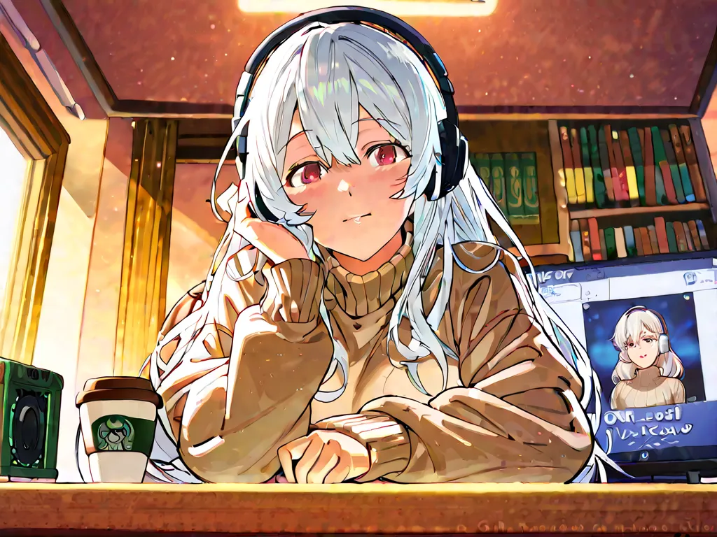 （Center Split）（ white hair）（ male）（ fresh ）（ doya face）（I'm wearing headphones）（I'm hugging a brown poodle）（Background is the game room）（Coffee on the desk）(Front Angle）（I'm wearing a sweater）