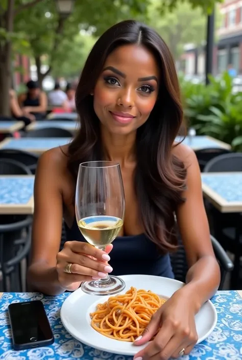 Vinessa Antoine with tanned skin, monolid eye shape, jet black eyes, long brown hair, soap brows, textured glowing skin, glossy lips, glowing makeup, eyeliner, sitting at an outdoor restaurant table in New York City. She is wearing a dark-colored sleeveles...