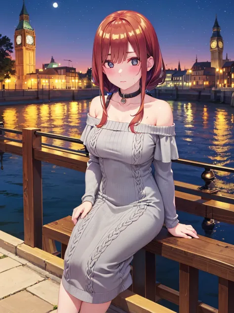 ((high image quality、4K)),British cityscape,Night Road,Illuminated by the moon,((( shows the whole body like n))),walking along the riverside path near the clock tower,Big Breasts,I'm wearing headphones from my neck,((Red cheeks and shy expression:1.2)),((...