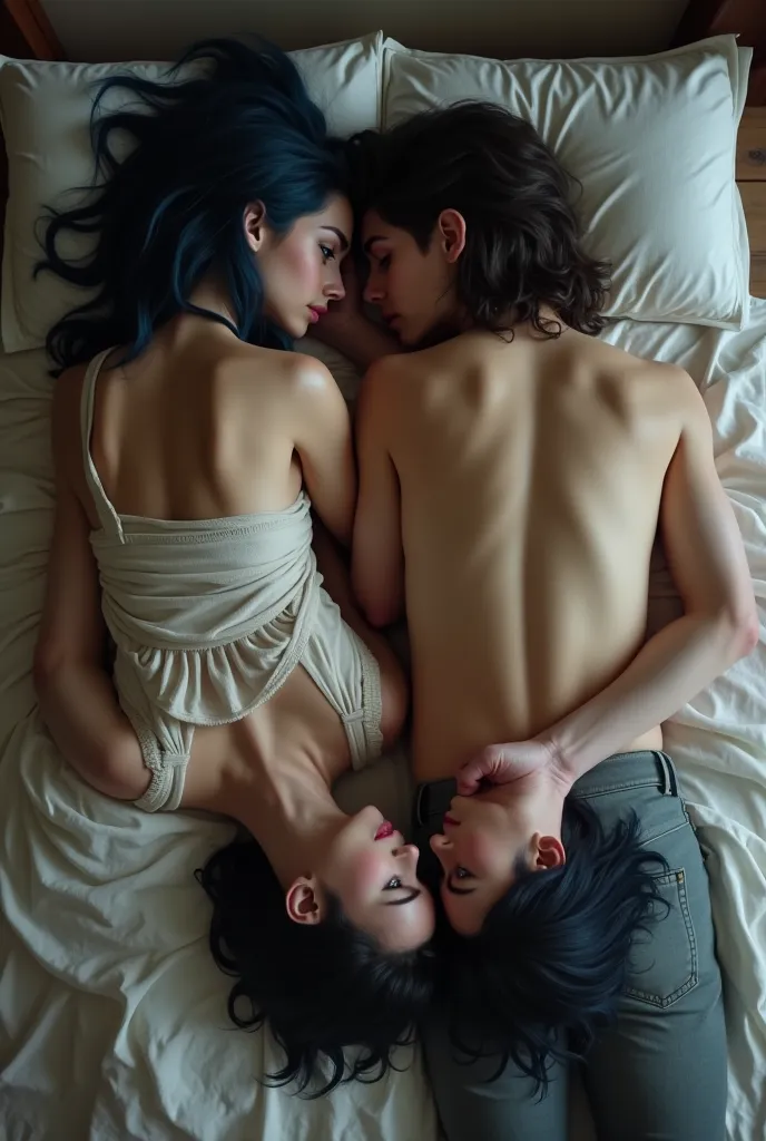 make me two people turning their backs lying on a bed. It&#39;s a boy and a girl.  they are both 23 years old . The girl has dark blue hair. Pale skin and dark eyes.  the boy has black hair . blue eyes.  very pale skin. he has a bare torso. set in medieval...