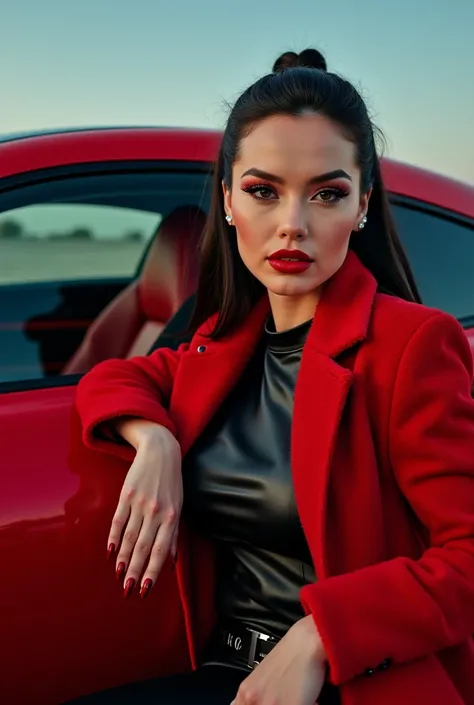 next, the good photo. but helik( Mercedes) should be fully visible , and Eva is sitting inside .with full lips  .in a red sheepskin coat. in a black leather T-shirt with a red manicure . long and pointed