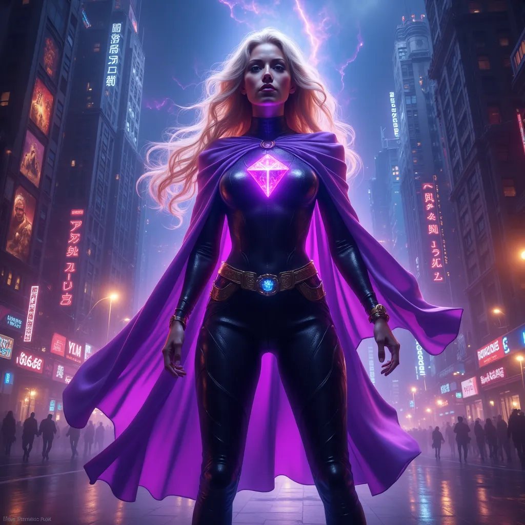  blonde alone, purple clothes, amethyst, DC, noble, Integrity, superheroine villain, full body, midnight, SF, Crime City panorama, auralora