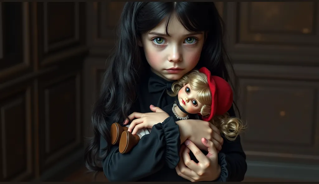 Ultra-realistic, highly detailed portrait of a young girl with long, wavy black hair cascading over her shoulders. She stands alone in a dimly lit, classic-style room, her large, expressive green eyes filled with unshed tears, reflecting deep sorrow. Her p...