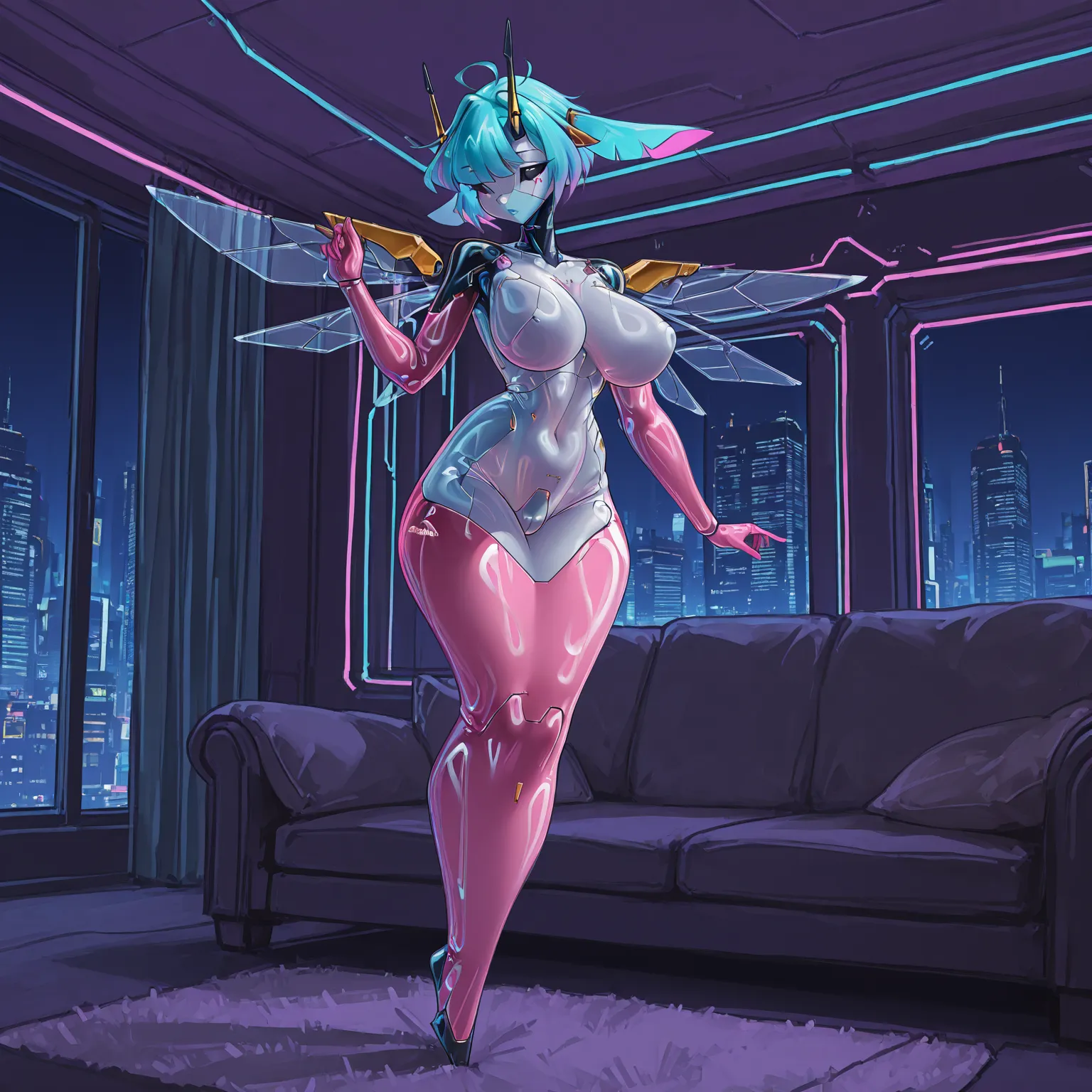 Full body, 1 girl , robot girl, android girl, pastel colors, RGB lights, gamer girl, neon lights, city at night, Score_9, score_8_up, score_7_up, score_6_up, source_anime,  BREAK, robot girl, android, plastic skin, robot body, robot arms, robot legs, mecha...