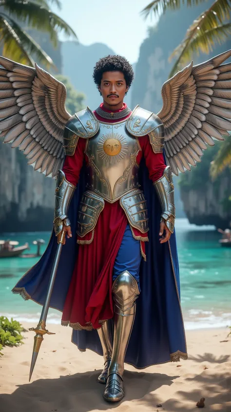 Bruno Mars reimagined as a knight with huge silver angel wings with detailed feathers walking and holding a spear､dramatic atmosphere, 1 male､ 

He has short, curly dark hair and warm brown eyes. His expression is friendly yet focused.
 
He wears a suit of...