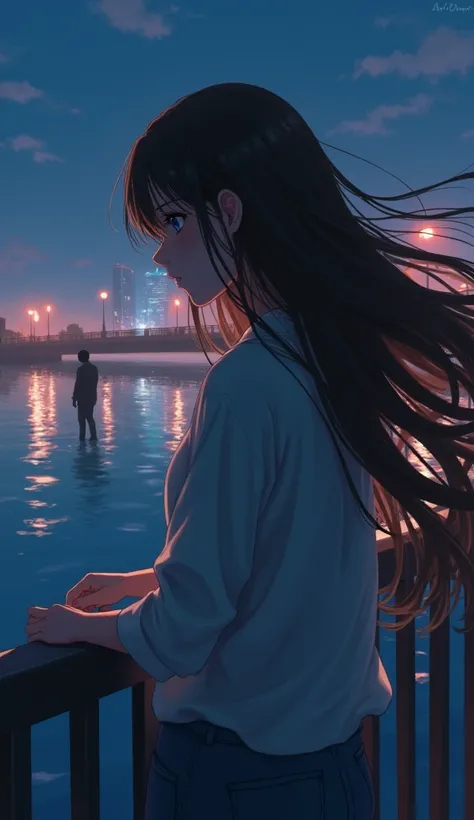 A deeply emotional anime-style illustration of a 22-year-old woman standing on a bridge at night, gripping the railing as she looks down at the softly rippling water below. Her long brown hair flows with the night breeze, and her face is partially hidden, ...