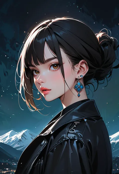 a female with a black leather jacket is in the night time sky, 1girl, solo, jewelry, black hair, earrings, looking at viewer, jacket, bangs, outdoors, lips, upper body, black jacket, mountain
