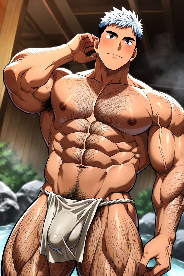 Gay、 male、極めて male的な顔、Extremely muscular、Extremely hairy、Short Hair、 completely naked、hot spring、loincloth、 the bulge in the crotch is very noticeable 