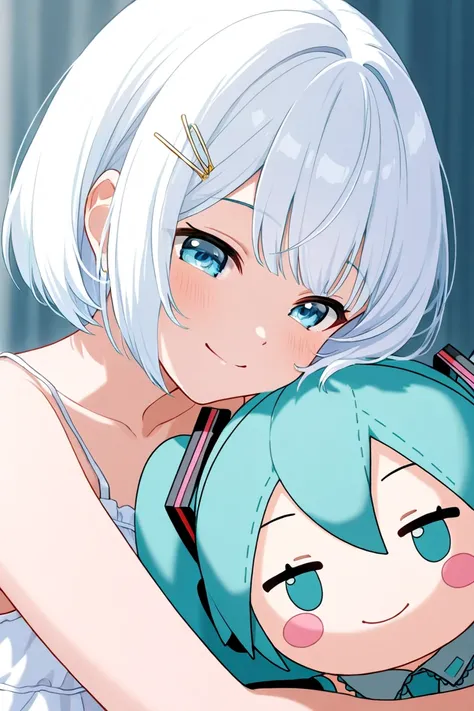 Happy Siesta hugging the Hatsune Miku plush doll, with her head slightly tilted and a smile on her face. Siesta's features are: collarbone, nap, short hair, bangs, blue eyes, hair ornament, white hair, hair clip.