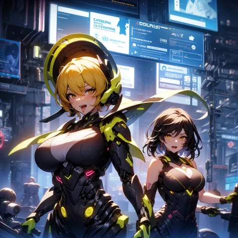  1 girl, ((maize hair)),  Big Breasts ,  yellow eyes, Cyber,have shotgun,cyborg, character design drawing, battlefield,stand up straight,cyber visor, Two Sides Up,  open your mouth,  tongue,  rough breathing, Show your fangs, Crazy Eyes, 