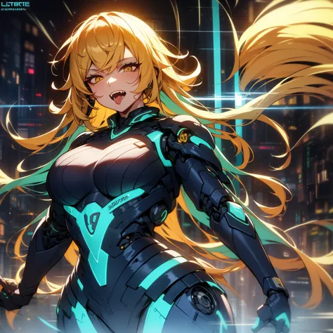  1 girl, ((maize hair)),  Big Breasts ,  yellow eyes, Cyber,have shotgun,cyborg, character design drawing, battlefield,stand up straight,cyber visor, Two Sides Up,  open your mouth,  tongue,  rough breathing, Show your fangs, Crazy Eyes, 