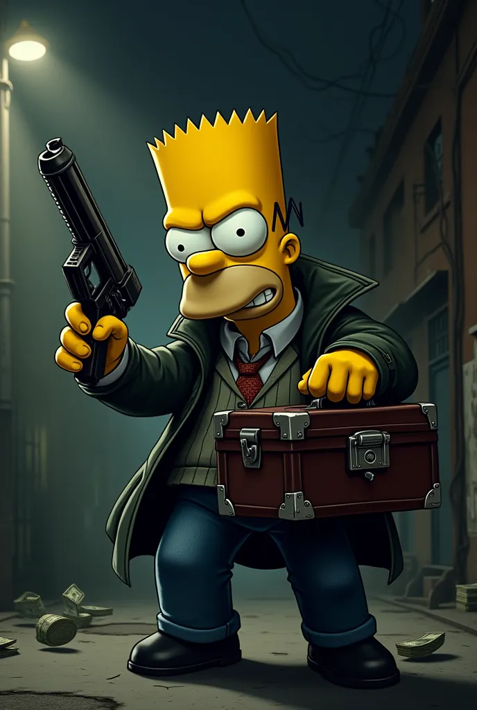 Bart with a radio next door with a gun in his right hand and a suitcase full of money in scum mode 