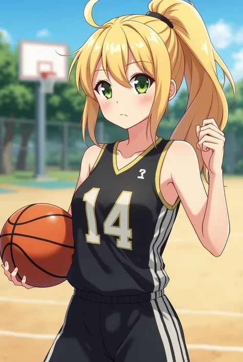 Create a female character with the animation of the haikyuu anime, Let him play basketball, Her hair is dark blonde and is tied in a ponytail,  his green eyes , That your basketball uniform is black and white and has the number 14