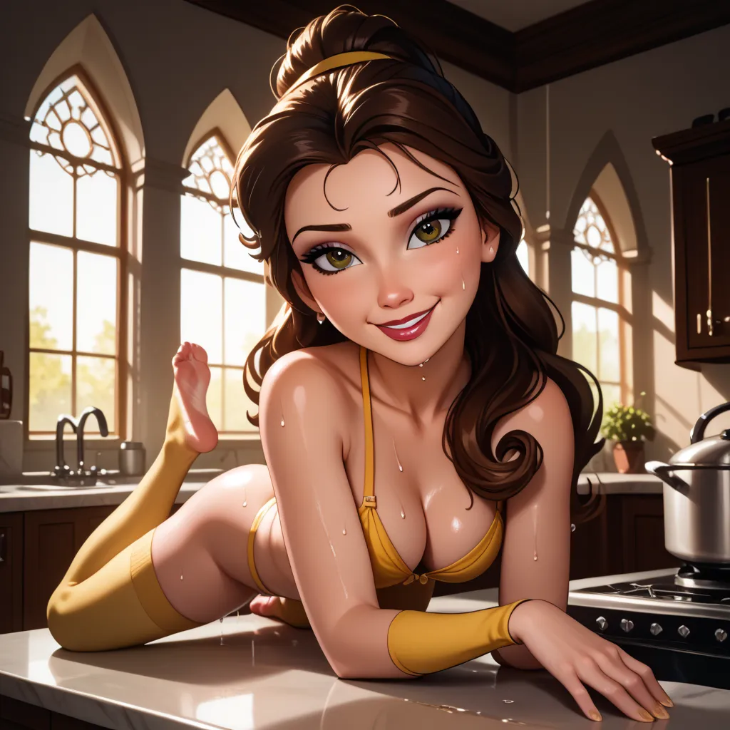 8k, Ultra HD, super details, high quality, high resolution. The heroine, Princess Belle, looks stunning in the full body photo, her body is sculptural, her long hair, in perfect combination with her white skin, her brown eyes mesmerize everyone, seductive ...