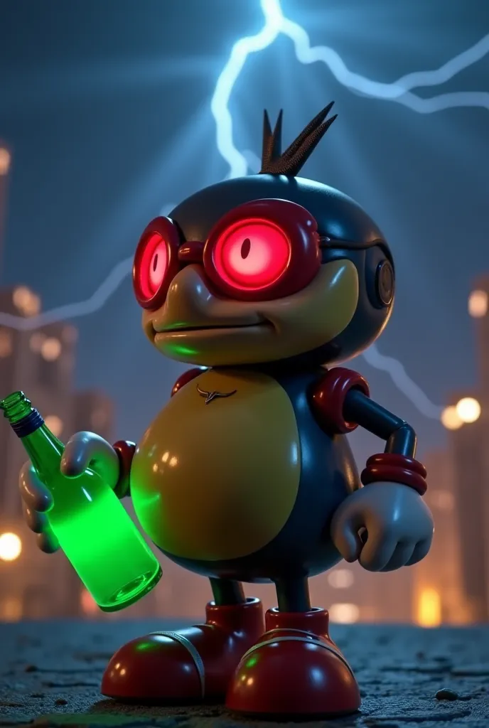 The image shows a YouTube Shorts video featuring a character that resembles Dr.. Eggman (robotnik) from the Sonic, but with a more realistic and dark design. It is in an urban setting at night, badge holding a bright green bottle, with an evil eye and illu...