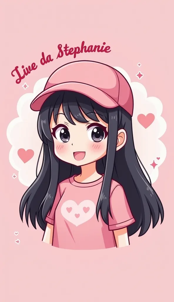 A cute and stylized cartoon illustration of a young woman with long dark hair, wearing a pink cap and a matching pink shirt with a heart design. She has a cheerful and friendly expression, with big expressive eyes and a soft pastel color palette. The backg...