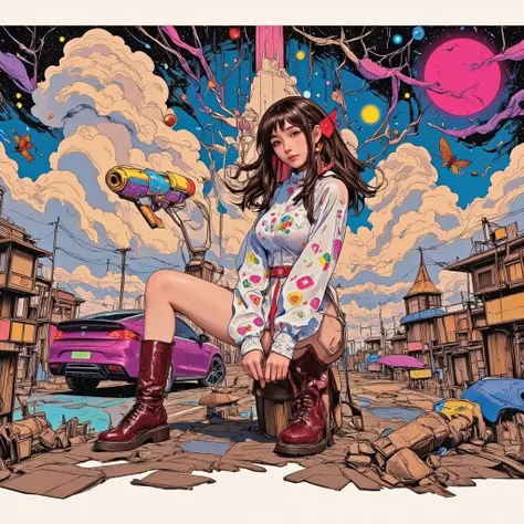 echno pop pop pop pop techno pop pop pop pop red electric car、Pen drawing, beautiful woman in bikini suit、、2000s Ultra Realistic Illustration、Holding a Hand Blaster、 Korean、long hair、 Cloud and Star Fashion 、wearing a spacesuit Avant-garde painting,, Japan...