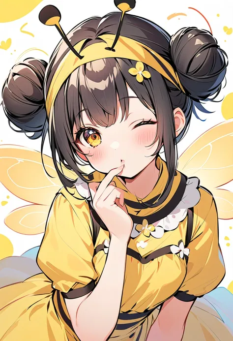 this is a picture of a cute  in a bee outfit, 1girl, double bun, dress, hair bun, striped, one eye closed, yellow dress, black hair, antennae, wings, solo, bug, blush