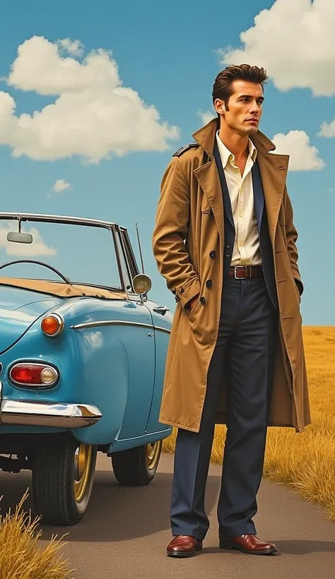 promotional posters for the American television drama、Detective Colombo、Stand next to the 1959 Peugeot 403 pale blue convertible、classic car、  unkempt hair、 Spin 、dragonfly brown trench coat 